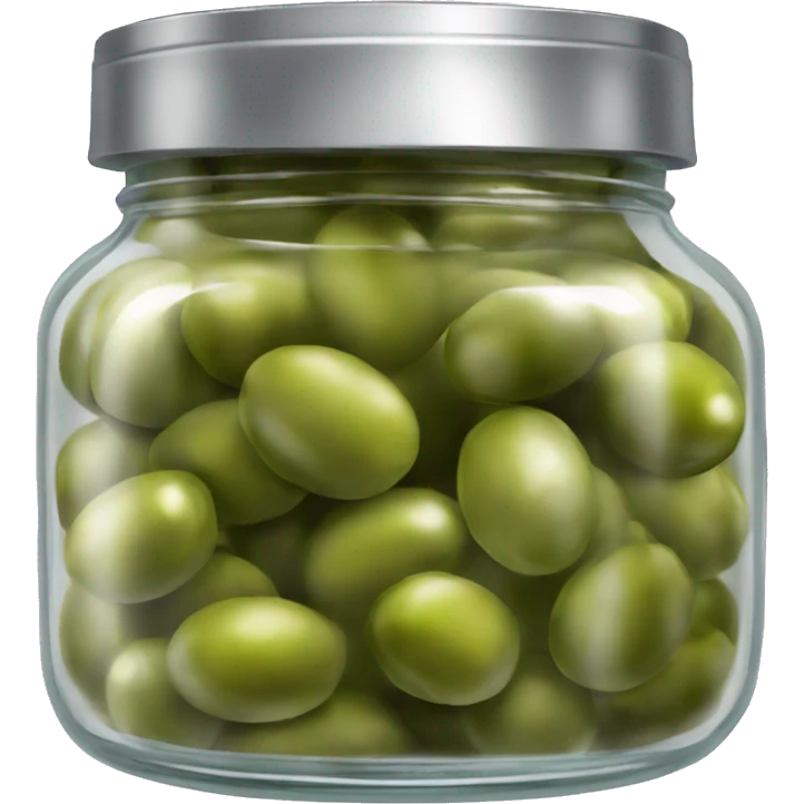 Realistic glass jar with silver metallic lid filled with green olives inside of it. emoji