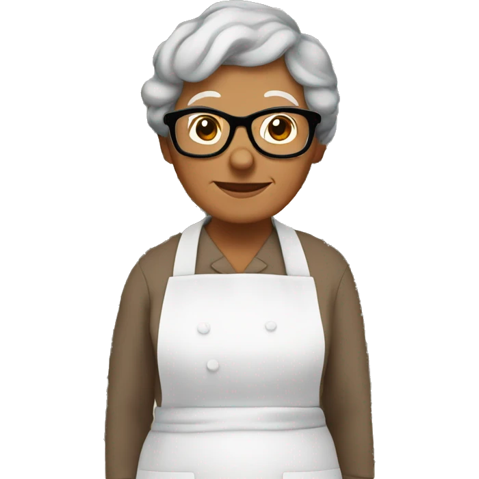 Little brown grandma with glasses in cooking apron with flowers emoji