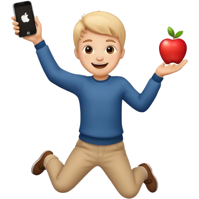 happy little kid with a phone, jumping with excitement, apple style emoji emoji