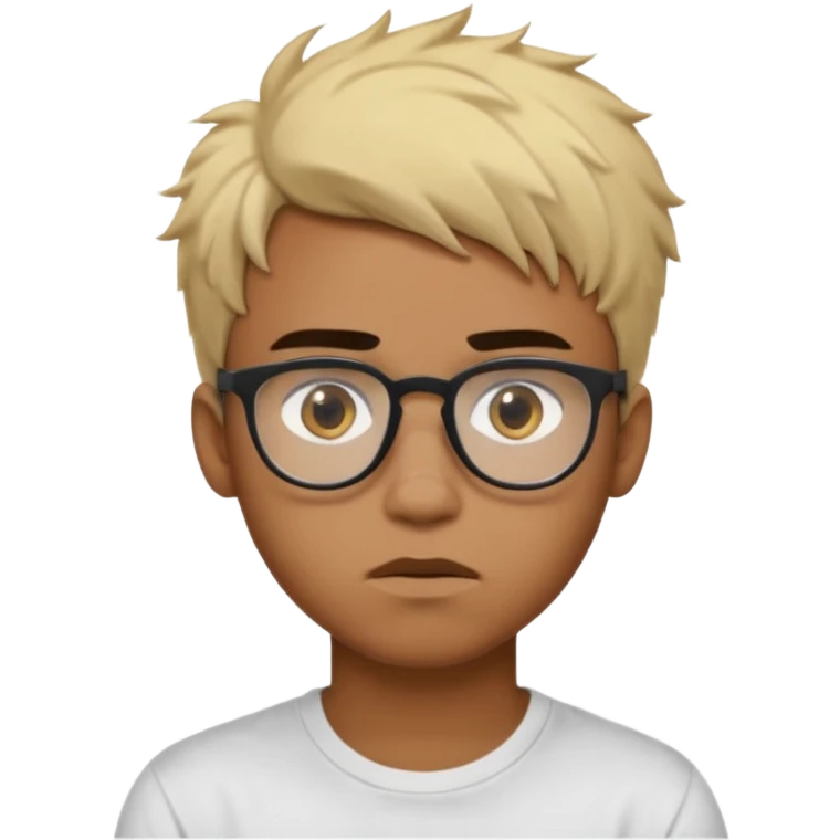 Teenager. Short buzz, messy blonde hair. Dark brown bushy eyebrows large expressive golden-brown eyes, brown skin color, scar over nose, wearing a plain white t-shirt. wearing clear thick black glasses. 20 year old male. thinking facial expression. brown skin color.  emoji