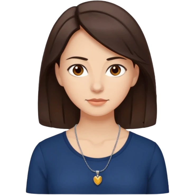Mulher dos cabelos medios marrons escuros com uma blusa colada azul marinho e olhos castanhos e pele branca e um colar simples emoji