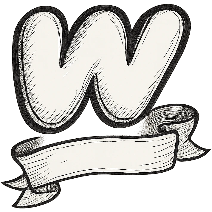 puffy outlined Wattpad logo 'w' with strong shadows and highlights, decorated with a ribbon or banner curling around the base of the logo, no background emoji