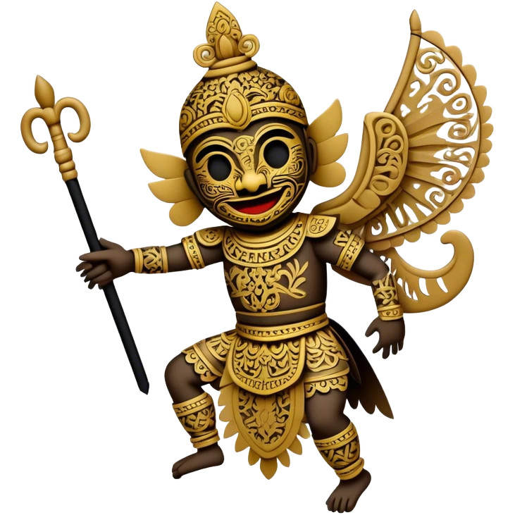 Cinematic Realistic Wayang Kulit Emoji, depicted as an intricate shadow puppet with detailed cut-out figures and traditional patterns, rendered with crisp textures and dynamic cultural lighting that captures its ancient artistry. emoji