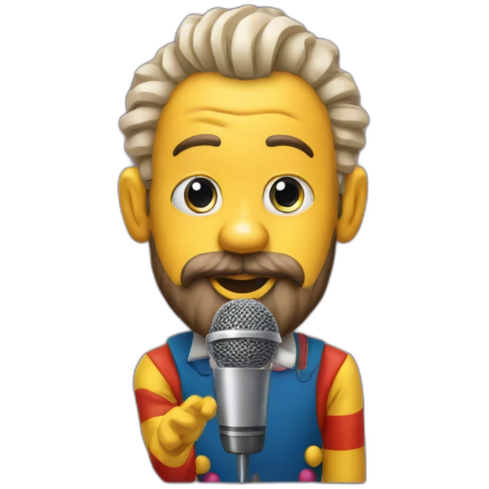 radio presenter with beard and with a microphone on his hand dressed as a silly clown emoji