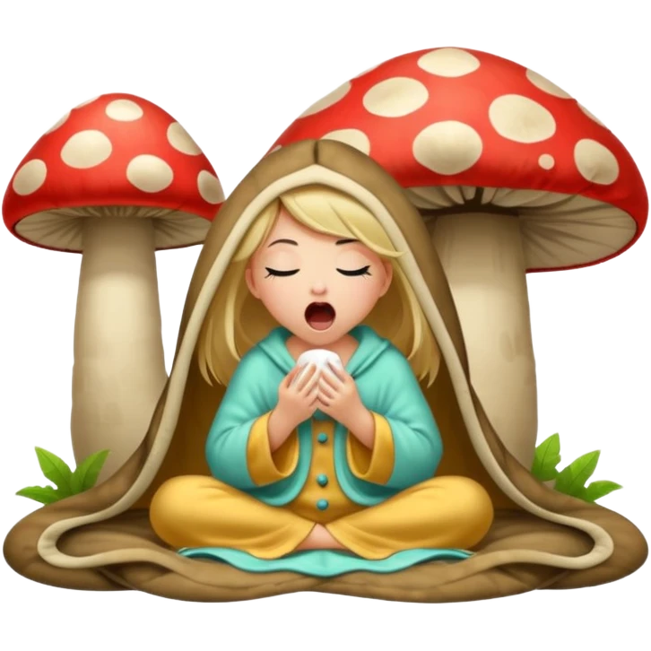 woodland spirit girl in mushroom pajama and oversized blanket yawning emoji