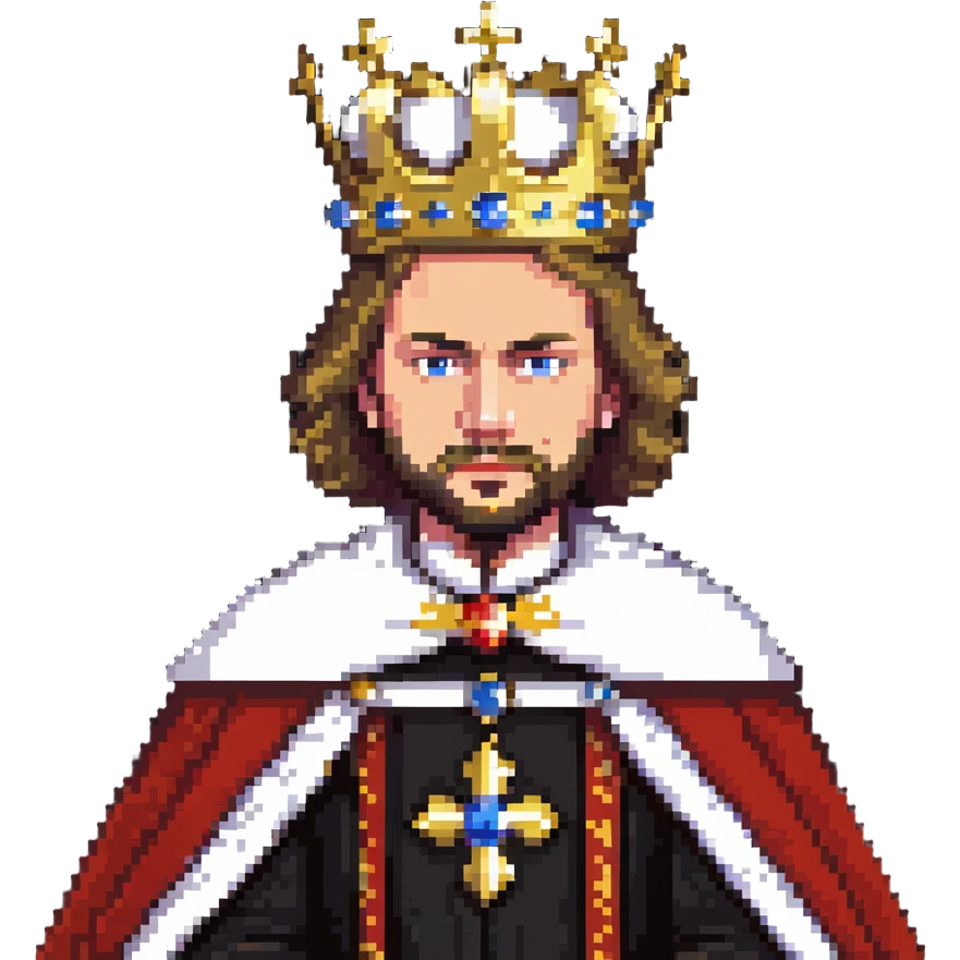 Russian Tsar in imperial regalia, gold crown, royal cape, stern expression emoji