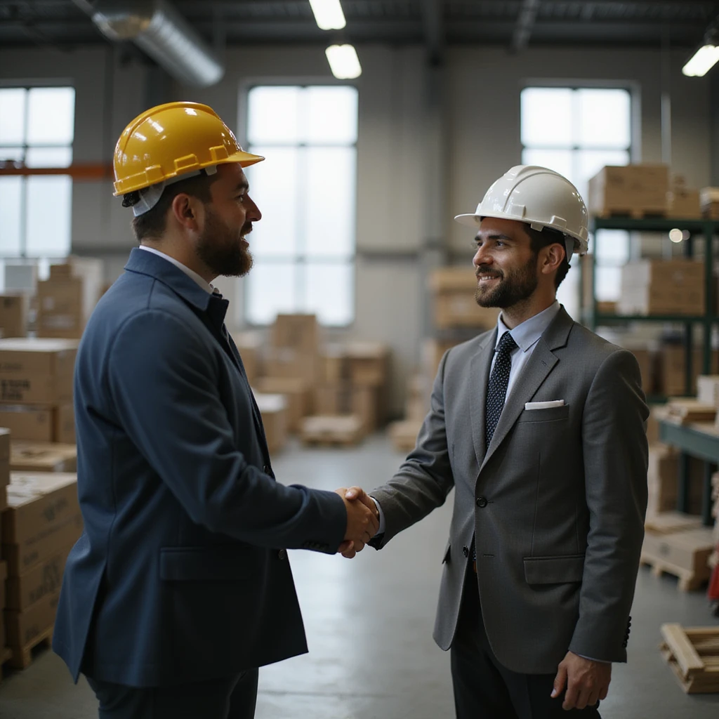 office worker shaking hands with factory worker, realistic style, business setting emoji