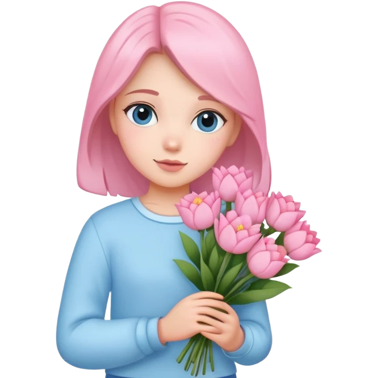 girl wearing pastel blue clothes holding a bouquet of pink flowers emoji