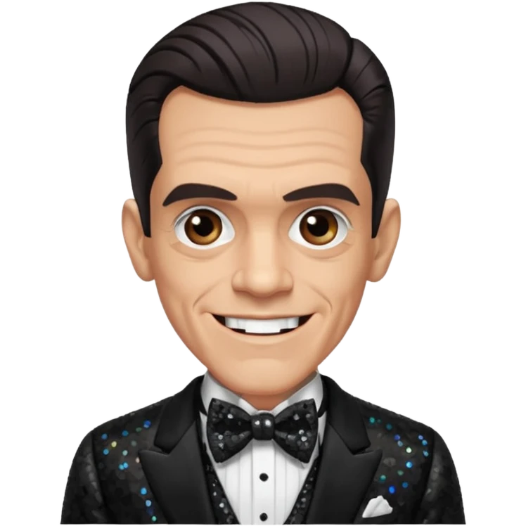 Boris Karloff with dark brown hair, black sequin suit with bow tie emoji