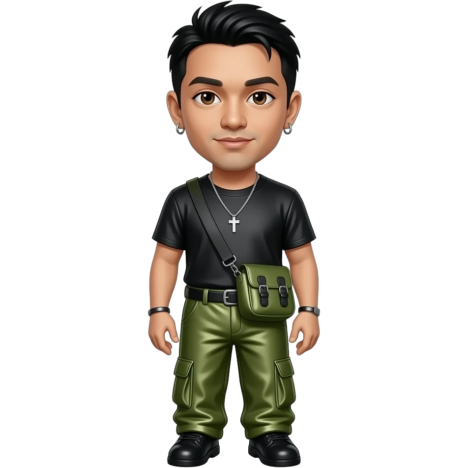 Mike Shinoda with brown eyes, black hair, black metallic T-shirt, olive green metallic baggy pants, necklace and earrings emoji