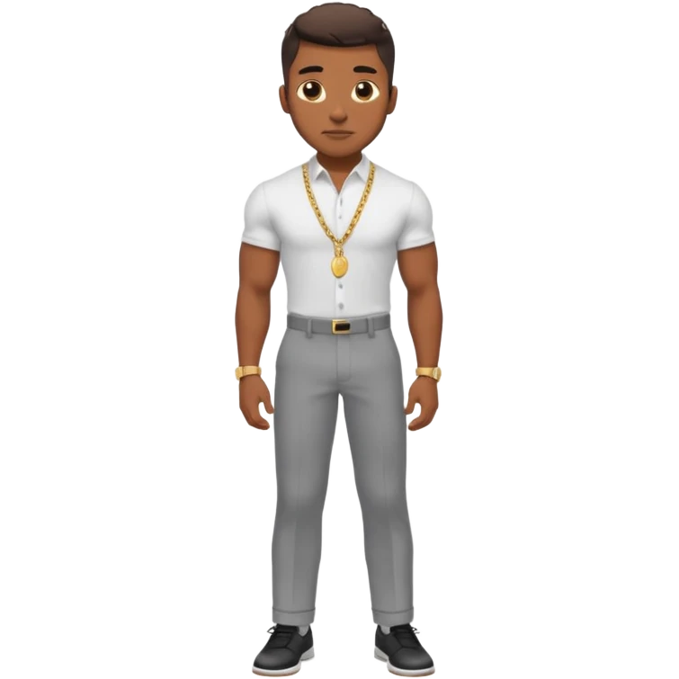 Handsome Black guy with brown skin tone, with lean muscular build, wearing gray slacks, a white button up top, black shoes, and a gold chain emoji