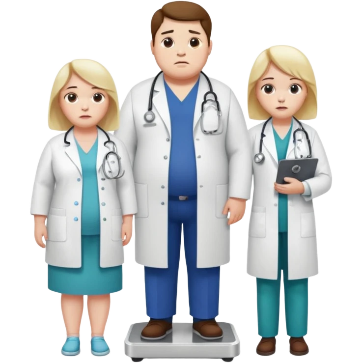 pessoa gorda em cima de balança e medico do lado emoji