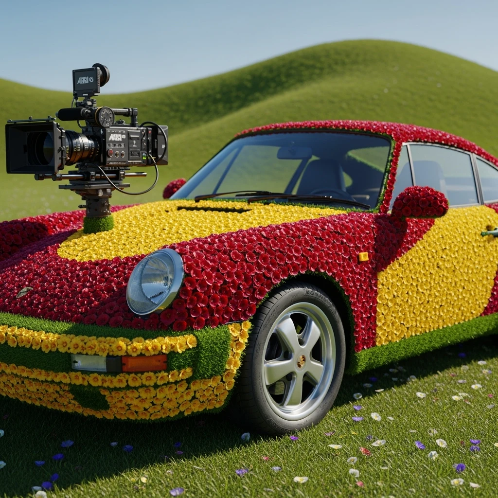 Closeup shot of a porsche 911, body of car made of grass and big colorfull flowers, green hill grass, blue clear sky, dutch angle, captured by ARRI 65 emoji