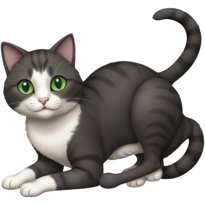beautiful female solid dark grey cat with green eyes, white toes/paws and white patch on her chest playfully rolling upside down emoji