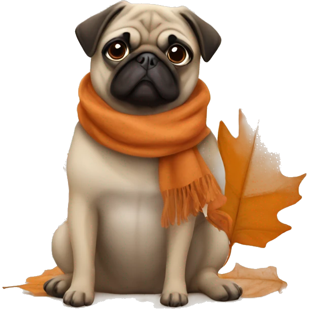 pug sitting in orange leaves and wearing a brown scarf emoji