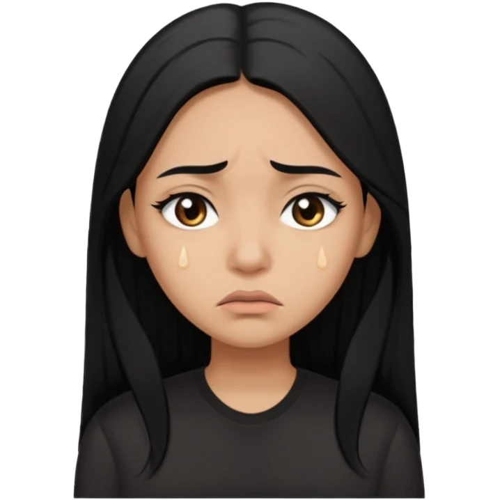 Sad crying woman with long straight black hair, brown skin tone, teardrops on face, worried eyebrows, neutral mouth emoji