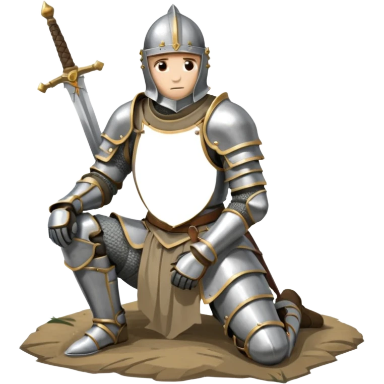 A lone medieval knight in plate, worn armor kneels. His helmet is closed, hiding his face, conveying silence, exhaustion and contemplation. A long sword is planted in the ground beside him, its hilt resting near his gloved hands as if he is praying or resting after battle. emoji
