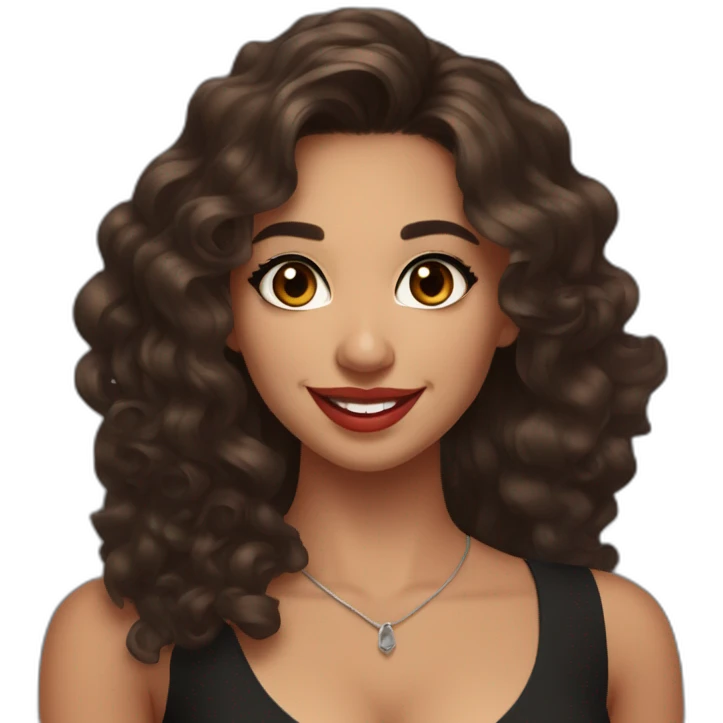 young moroccan woman with dark brown eyes, brown long curling hair with lighter tips, red lips, big smile, cleavage black dress emoji