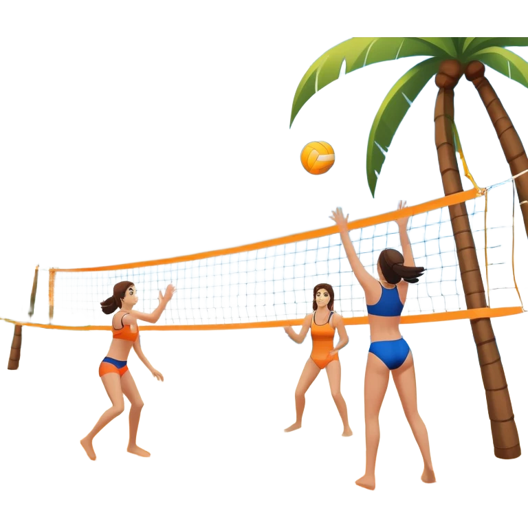 A volleyball resting on the orange sand of a beach, with a volleyball net in the background. The scene includes a beautiful beach landscape with blue sea, sky, and palm trees, while a couple of women in swimsuits play in the distance, capturing the relaxed yet competitive vibe of beach volleyball. emoji