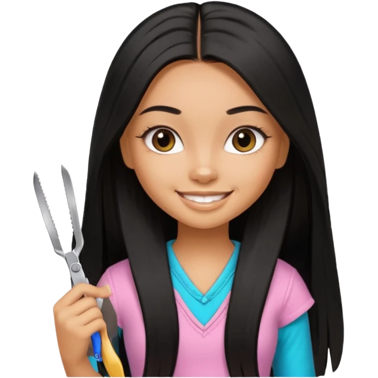 a pretty tan bratz girl with black long straight hair smiling and holding scissors emoji