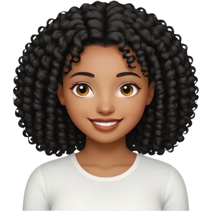 a young woman.She has voluminous, curly black hair that frames her face beautifully. Her skin tone is black light and glowing, and she has a subtle, natural makeup look. She’s smiling softly at the camera. She is wearing a white top emoji