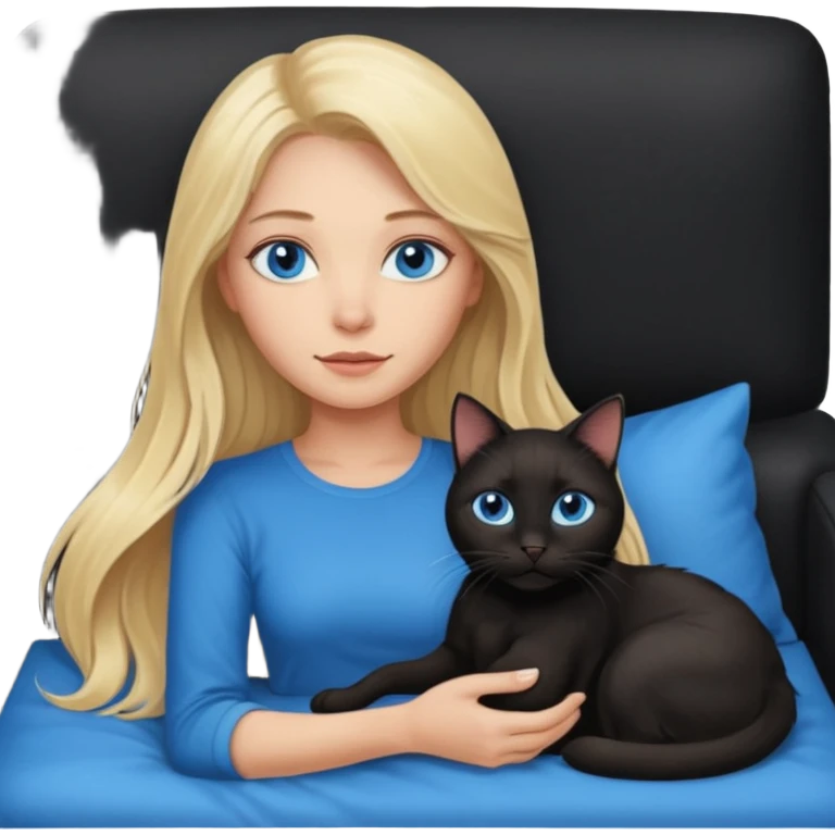 Blonde long hair female with blue eyes and hair she’s about 45 yrs old and she’s laying on a black couch bed with a black cat  emoji