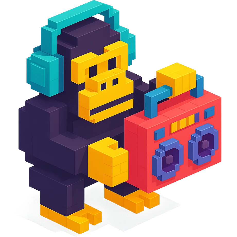 voxel style gorilla with headphones, holding a boombox, isometric view emoji