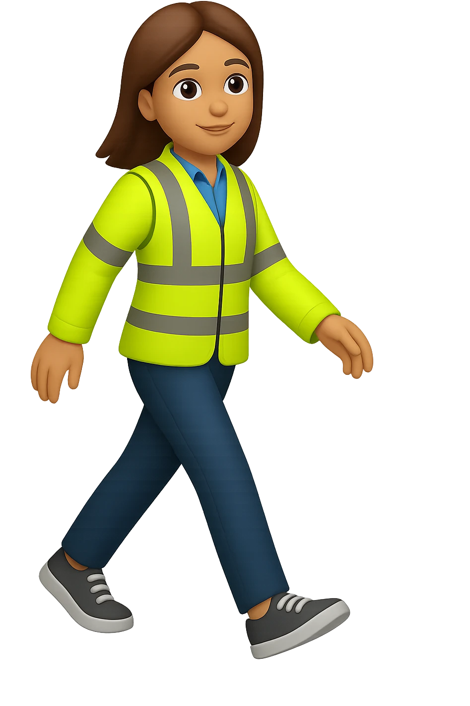 Edit the images to depict a full-body white female person walking, with shoulder-length brown hair, wearing a high-visibility vest, no hard hat, and trainers. The style should resemble apple style emojis with no background (transparent). emoji