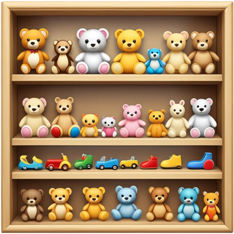 Icon for Toy Collecting: a collection of various vintage toys such as dolls, action figures, and plush animals, displayed neatly on shelves or in display cases. The icon should evoke the joy and nostalgia of collecting toys. Transparent background. emoji
