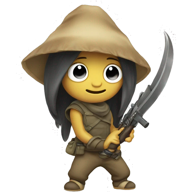 A cute Mokoko Seed character holding a weapon, perfect for adding a playful yet adventurous touch to your chats. emoji