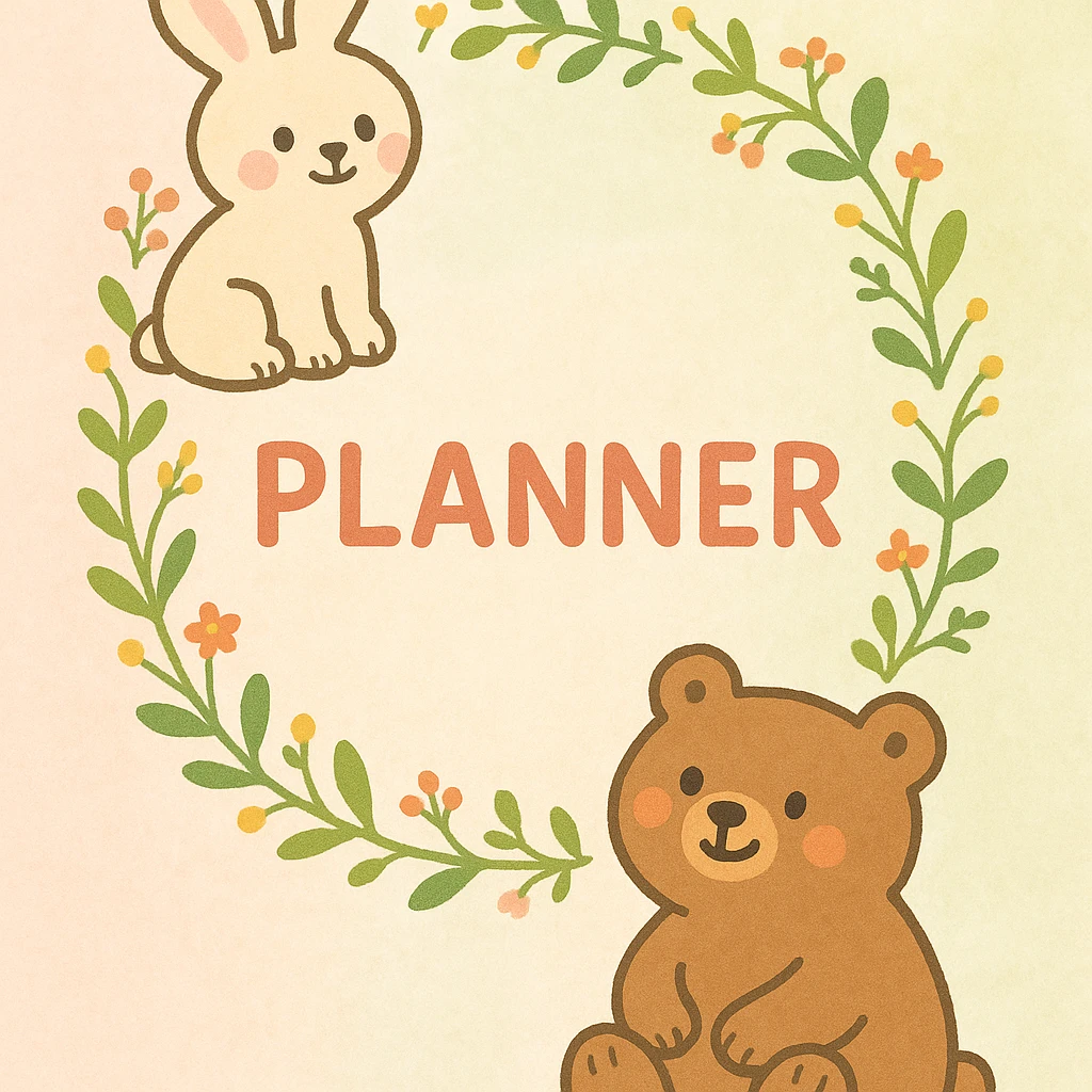 cozy hand-drawn Mori style vertical pastel background with soft watercolor texture, cute botanical wreath of leaves and tiny flowers, soft pastel colors, clean minimal design, a soft brown bear sitting at the bottom right, a light beige bunny sitting at the top left, planner cover, A4 vertical size, high resolution emoji