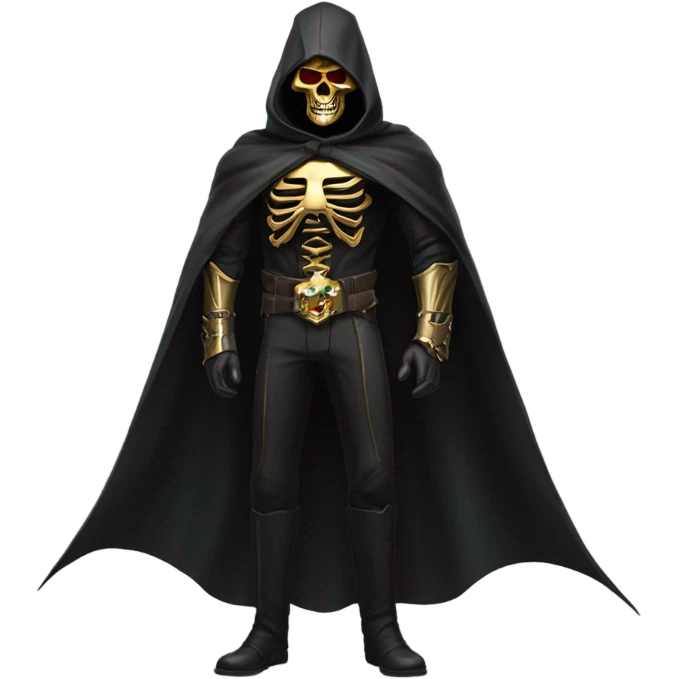Bounty Hunter Boss with black cape and a gold skull jaw mask from death Stranding, full body view emoji