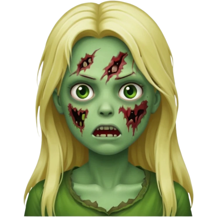 girl zombie with blonde long hair green skin and with no angry face and with the mouth closed emoji