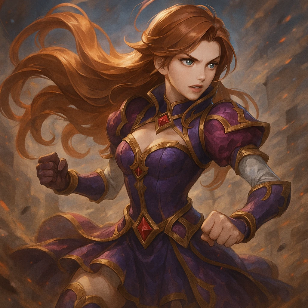 Guinevere from Mobile Legends, action stance, flowing hair, ornate outfit, heroic expression emoji