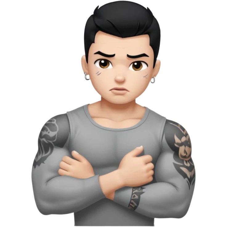 a PRETTY BRATZ boy with black hair, big biceps, full grey sleeve, crying emoji
