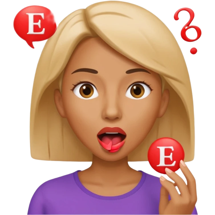 a woman is talking and English letters are coming out of her mouth emoji