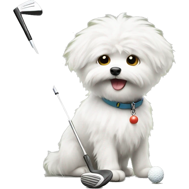 Small white fluffy dog playing golf emoji