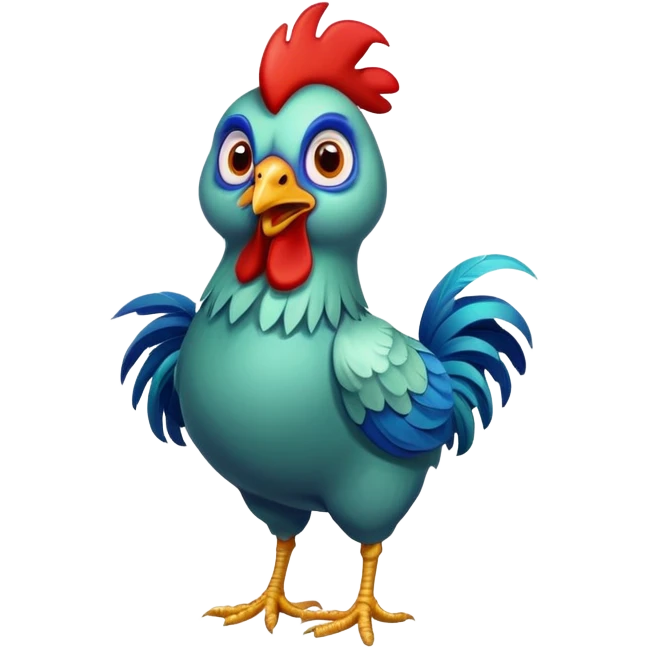 A funny rooster chicken with blue-greenish body, red comb, large eyes and silly expression, skinny legs emoji