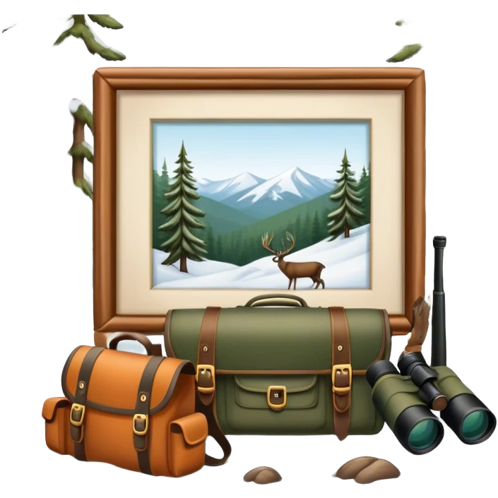Icon for Hunting Tourism: a hunting rifle, binoculars, and animal tracks in the snow, with a forest background and a hunter’s backpack. The icon should represent the adventure and experience of hunting in nature. Transparent background. emoji