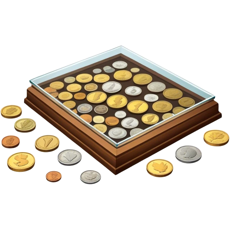 Icon for Coin Collecting: a collection of different vintage and modern coins of various forms and size, neatly arranged in a display case or on a table. The icon should highlight the diversity and historical value of coin collecting. Transparent background. emoji