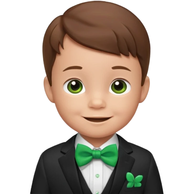 baby cute boy, brown hair in suit, with green bow, smile emoji