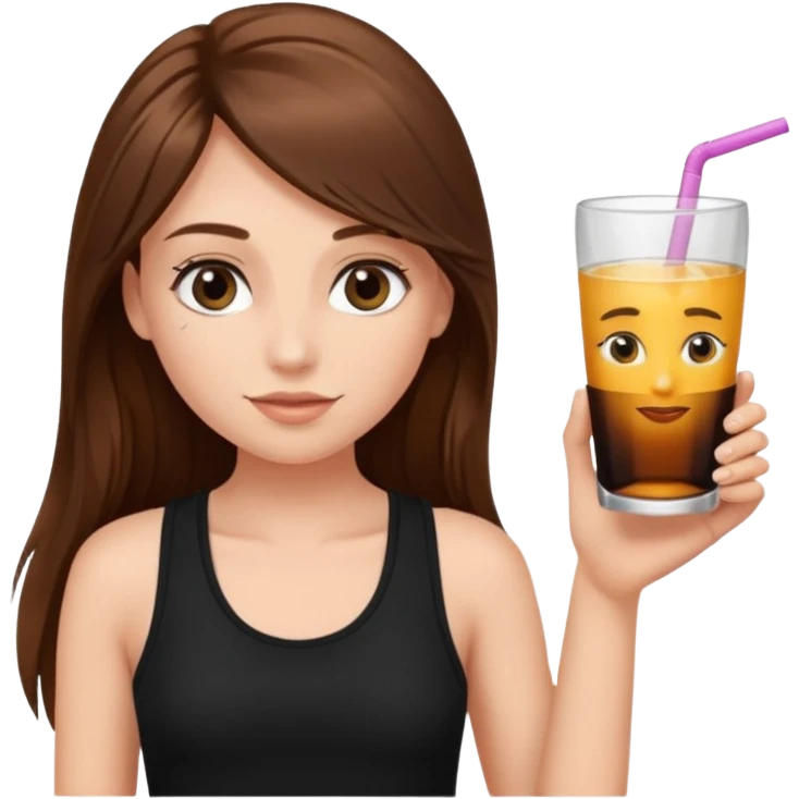 girl with long brown hair, false lashes, dressed with a black tank top and a drink in her right hand emoji