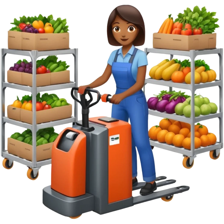 Femme sur un transpalette électrique, portant des canettes de fruits et de légumes emoji
