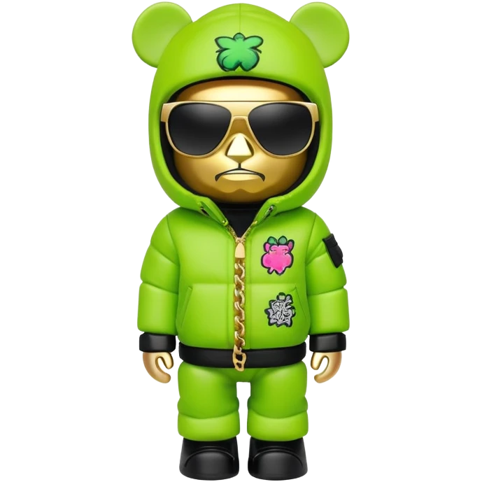 bearbrick toy with cubic head wearing a lime green balaclava with graffiti logos, wide single-piece visor sunglasses spanning entire face width, not divided for eyes, oversized puffy jacket with fur hood, gold chains emoji