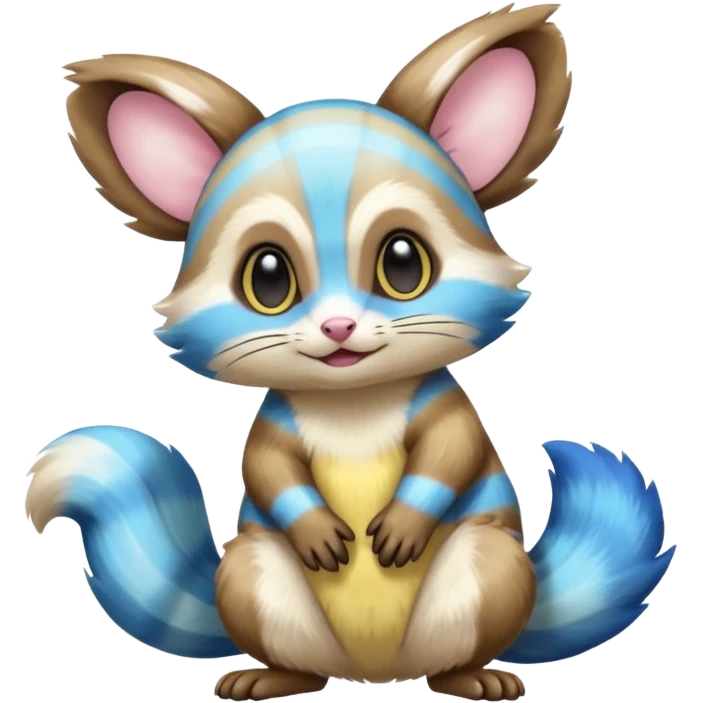 Realistic cute Neon-yellow and neon-cobalt-blue and cyan-gradients-striped Furret-Emolga-Genet-Purrloin-hybrid-fusion (full body) emoji