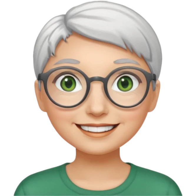 visage femme a lunettes ronde avec cheveux courts gris-blancs aux yeux verts qui souris emoji