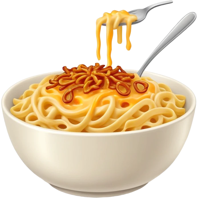 bowl of cheesy German noodles with melted cheese and crispy fried onions on top emoji
