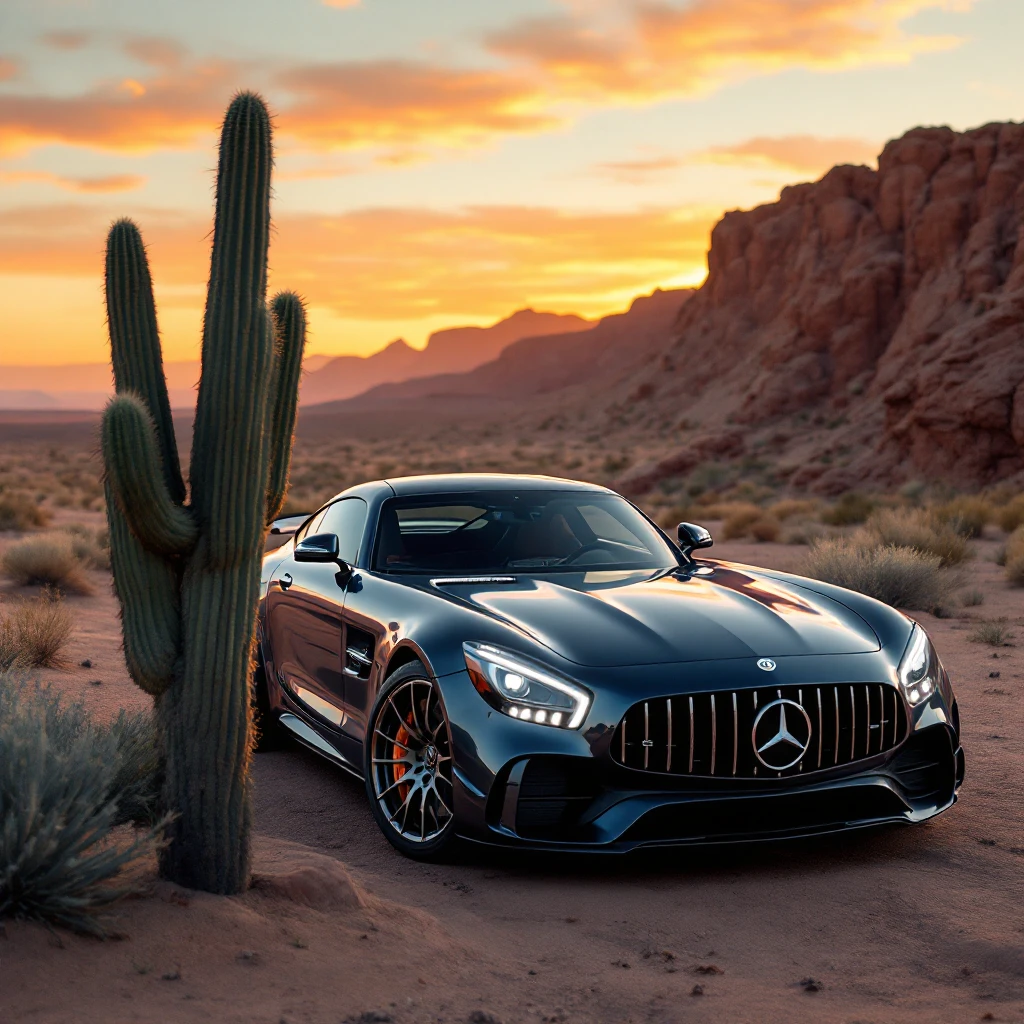 mercedes amg on desert next to cactus faun, cinematic emoji
