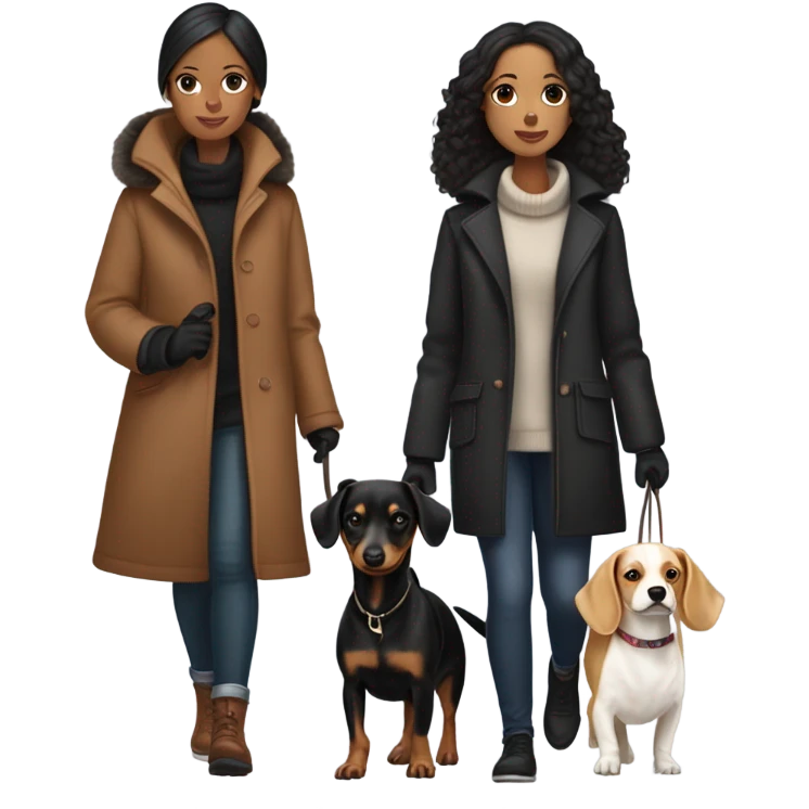 Two girls in winter coats walking- one with white skin black hair and the other with white skin and copper blonde hair with a brown and black dashedhound and the other with brown chihuahua  emoji