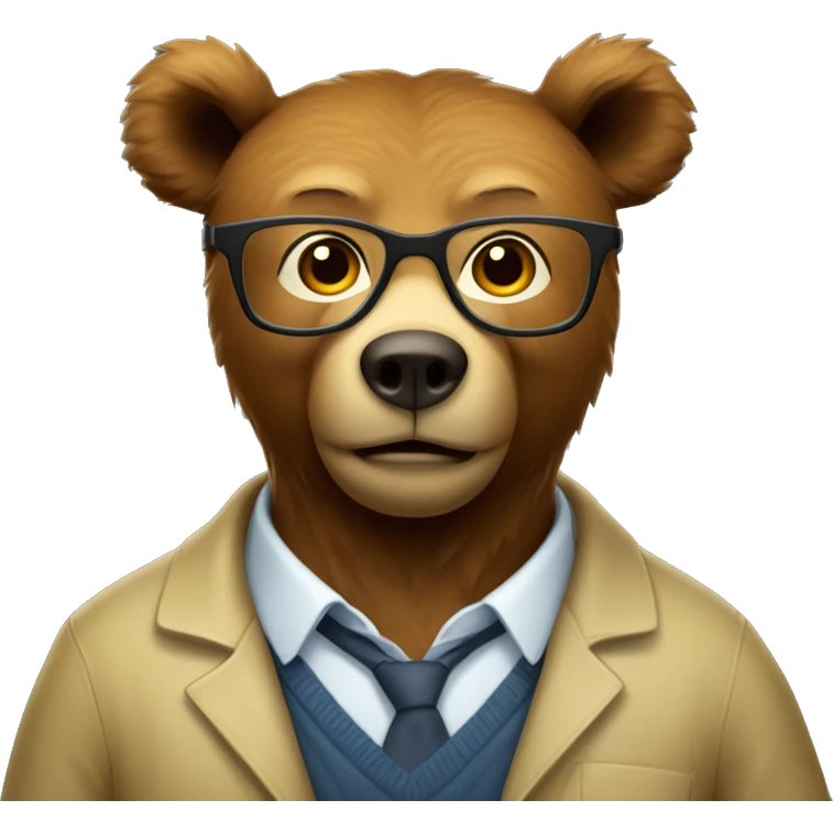 Brown bear animal as a university professor, wearing clear yellow plastic thick-rimmed glasses emoji